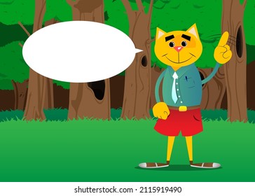 Funny cartoon cat saying no with his finger. Vector illustration. Cute orange, yellow haired young kitten.