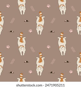 Funny cartoon cat. Seamless pattern. Print design for fabric, wrapping, wallpaper, apparel. Vector hand drawn illustration. Brown background. Exotic shorthair cat.