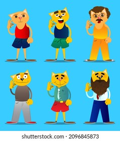 Funny cartoon cat showing ok sign. Vector illustration. Cute orange, yellow haired young kitten.