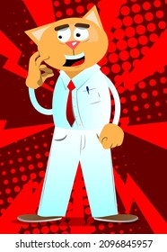 Funny cartoon cat showing ok sign. Vector illustration. Cute orange, yellow haired young kitten.