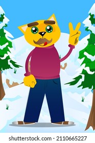 Funny cartoon cat showing the V sign, peace hand gesture. Vector illustration. Cute orange, yellow haired young kitten.