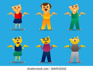 Funny cartoon cat shrugs shoulders expressing don't know gesture. Vector illustration. Cute orange, yellow haired young kitten.