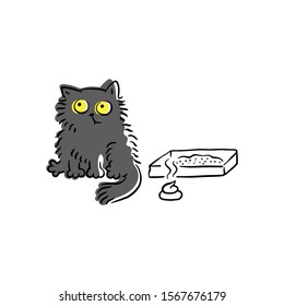Funny cartoon cat sitting next to litter box with poop on the floor, naughty pet animal with poor potty training. Grey kitten in trouble - isolated vector illustration