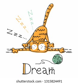 Funny cartoon cat sleeping. Cute style. Vector.