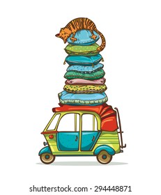 Funny cartoon cat sleeping on the tower from pillows on a roof of the auto rickshaw. Childish vector illustration.