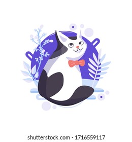 Funny cartoon cat standing and looking from his back. Happy character, glorious pet wearing a red bow. Completed and isolated vector illustration.