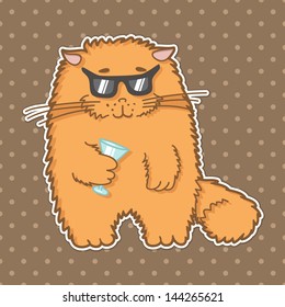 funny cartoon cat with sunglasses and cocktail rest