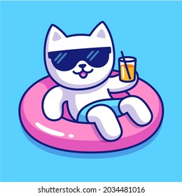 Funny cartoon cat in sunglasses pool float holding drink glass  Cute cat character summer pool party  Vector clip art illustration 