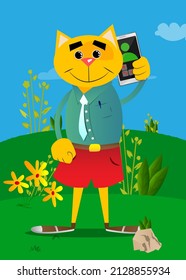 Die lustige Cartoon Katze spricht auf dem Handy. Vektorgrafik. Cute orange, gelb haarige junge Kätzchen. Konzept der mobilen Kommunikation.