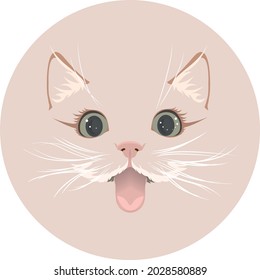 Funny cartoon cat with tongue. Vector image of a kitty head on a beige background.