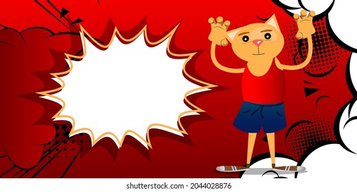 Funny cartoon cat is trying to scare you. Vector illustration. Cute orange, yellow haired young kitten.