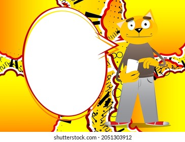 Funny cartoon cat using a mobile phone. Vector illustration. Cute orange, yellow haired young kitten.