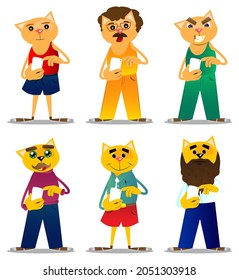 Funny cartoon cat using a mobile phone. Vector illustration. Cute orange, yellow haired young kitten.