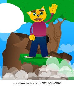 Funny cartoon cat with waving hand. Vector illustration. Cute orange, yellow haired young kitten.