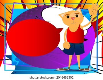 Funny cartoon cat with waving hand. Vector illustration. Cute orange, yellow haired young kitten.