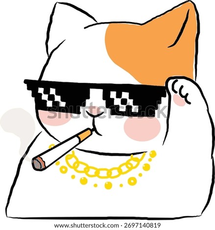 Funny cartoon cat wearing pixel sunglasses and gold chain, smoking a cigarette. Cool meme-style illustration of a gangster cat with thug life glasses, isolated on white background. Perfect for sticker