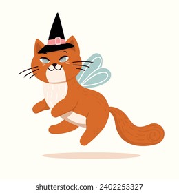 Funny cartoon cat in a witch hat running. Vector illustration.