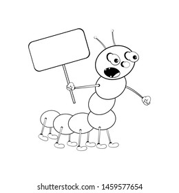 Funny cartoon caterpillar holds a rectangular tablet in his hand and shouts loudly. Black and white coloring