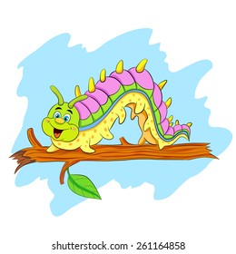 Funny cartoon caterpillar sitting on a tree branch.