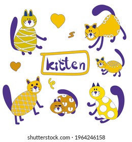 Funny cartoon cats with abstract pattern elements and lettering. Sticker set isolated on white background. Pretty kitty vector illustration set 
