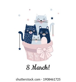 Funny cartoon cats in the basket. Hello spring March 8 card. Cute vector illustration for postcards, banner and kids print.