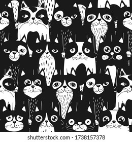 Funny cartoon cats.  Blacks cat  and white cats vector illustration. Seamless pattern.Texture for fabric, wrapping, wallpaper. Decorative print.