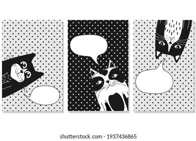 Funny cartoon cats.  Blacks cat  and white cats on black dots background. Greeting card. Vector illustration. 