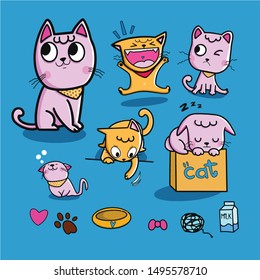 Funny cartoon cats characters different breeds illustration. Kitty young pet