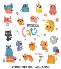 Funny cartoon cats and design elements for birthday card or party invitation. Vector illustration