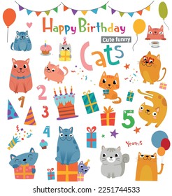 Funny cartoon cats and design elements for birthday card or party invitation. Vector illustration