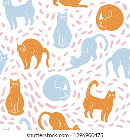 Funny cartoon cats in different poses seamless pattern. Texture for gift paper, textile, fabric, web background. Vector illustration, hand drawn.