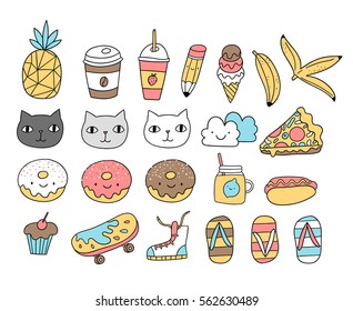 Funny cartoon cats, donuts, coffee, ice cream, banana, pineapple, clouds, pizza. smoothie, hot dog, flip flops, skateboard and pencil. Adorable vector animals, food and objects.

