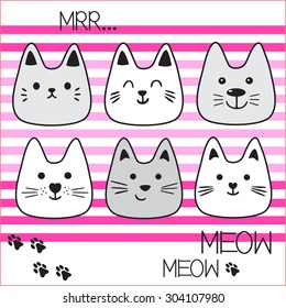 Funny cartoon cat's faces vector illustration set