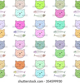 Funny cartoon cats and fish bones. Seamless pattern, kid's style. Vector illustration