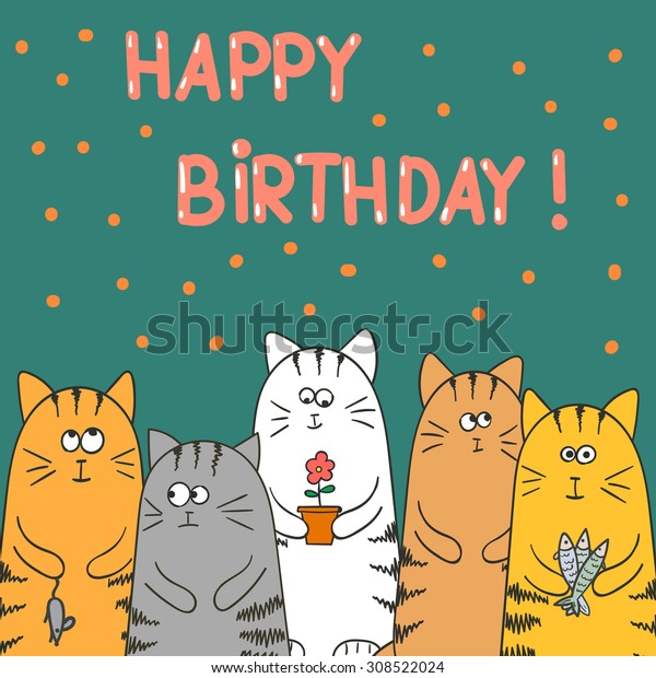 Funny Cartoon Cats Happy Birthday Card Stock Vector Royalty Free