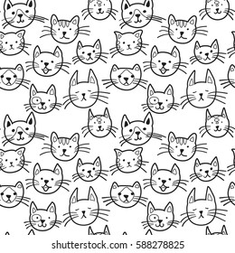 Funny cartoon cats' heads. Seamless pattern