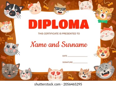 Funny cartoon cats or kittens kids diploma. Vector certificate template with cute pets. Education award frame for school or kindergarten graduation or achievement with feline animals express emotions
