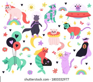 Funny cartoon cats. Kitty mermaid, unicorn, superhero, astronaut and alien characters, colorful cute fairy cats isolated illustration icons set. Kitty sweet, doodle unicorn cat and superhero