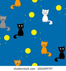 Funny cartoon cats at night. Vector seamless illustration for kids.