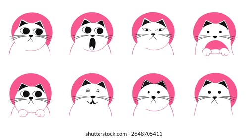 Engraçado desenhos animados gatos em capuz rosa expressando diferentes emoções e expressões faciais, Isolado, Ilustração Vetor