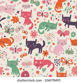 Cute Funny Seamless Pattern Cats Butterflies Stock Vector (Royalty Free ...
