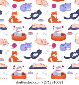Divertidos gatos de dibujos animados sin patrón. Ilustración vectorial

