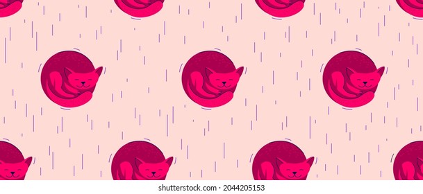 Funny cartoon cats sleeping seamless vector textile background pattern, asleep wallpaper or bedclothes for children, childish illustration image.