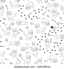 Funny cartoon cats and their accessories, seamless black and white vector pattern