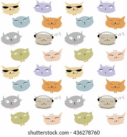 Funny cartoon cats wallpaper. Cute children animals illustration. Vector seamless pattern.