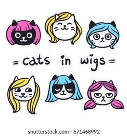 Funny cartoon cats in wigs doodle set. Cute fashion drawings of cats with stylish hair, vector illustration.