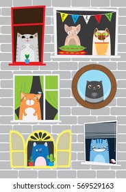Funny cartoon cats in the window. Cats party