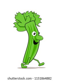 Funny cartoon celery walking on a white background, vector illustration