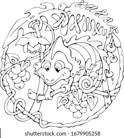 Funny Cartoon Chameleon in jungle leaves, isolated exotic animal vector doodle stock illustration, black and white print for logo, greeting / invitation card, coloring, children book, t-shirt, fabric