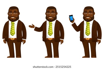 Divertido personaje de dibujos animados de un hombre de negocios afroamericano, profesor o abogado con traje marrón y gafas. Hombre negro alegre sonriendo, gesticulando o usando un teléfono móvil.